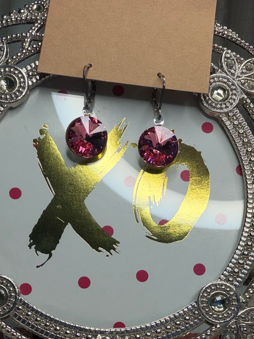 Magenta Pink Rivoli Crystal Drop Earrings Silver Bezel Leverback Glam EUC